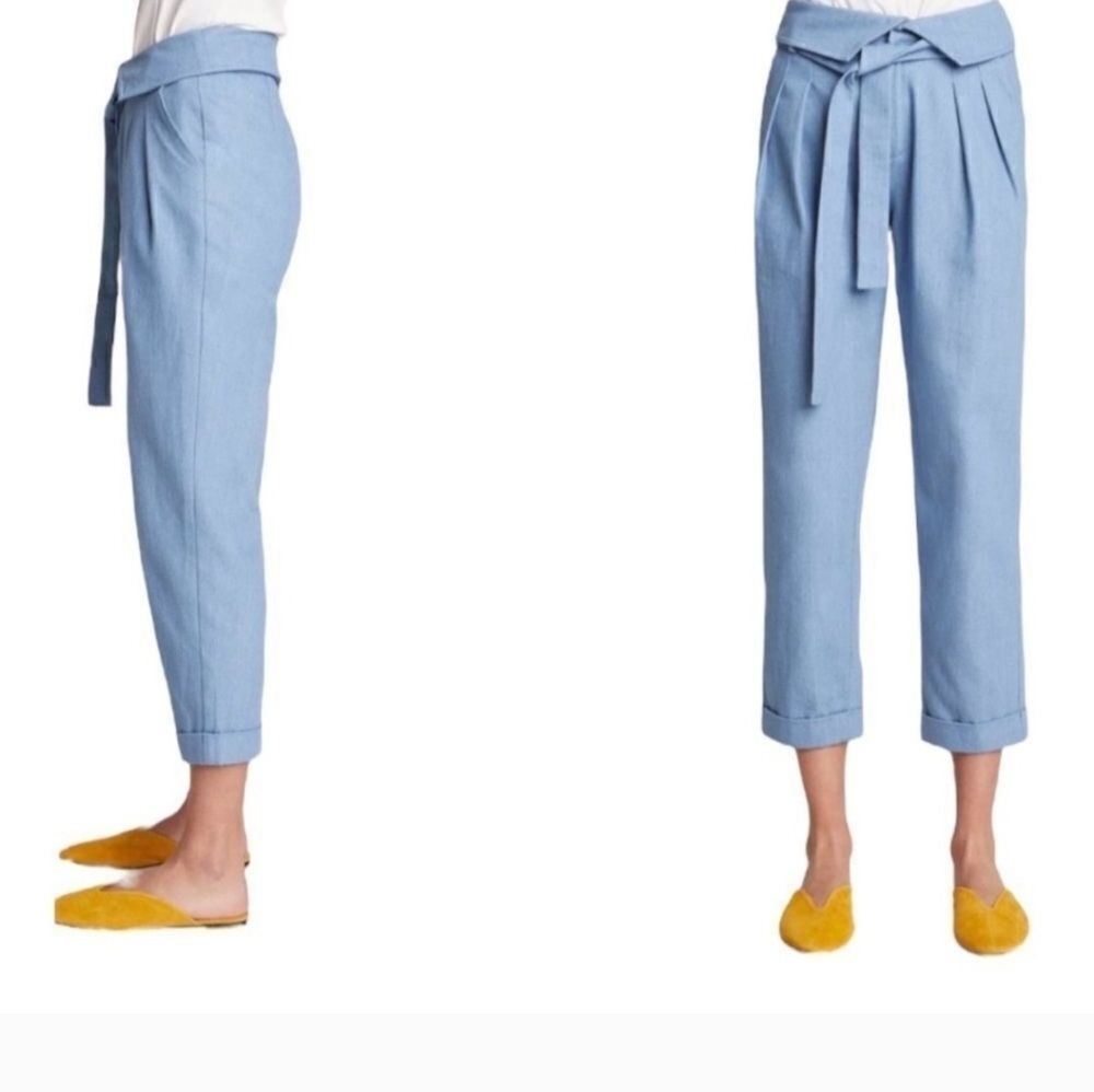 Blue Cotton Cuffed Cropped Belt Tie Pants  Sz:O/XS